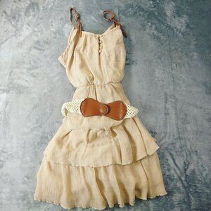 Volume One Juniors Beige Ruffled Tiered Midi Dress With Woven Belt XL Boho Fairy